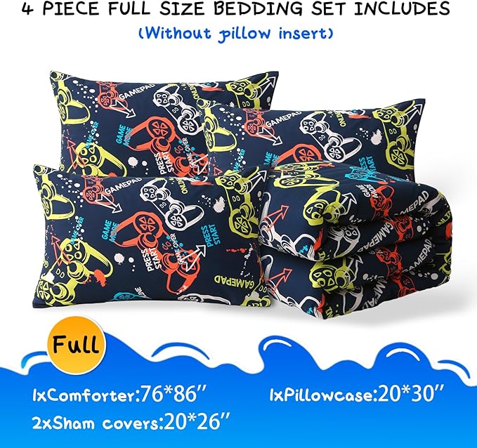Glow in The Dark Kids Comforter Set, 4 Pieces Gamepad Pattern Bedding Set Full Size for Boys Girls Teen, 1 Comforter, 1 Pillowcase, 2 Pillow Shams