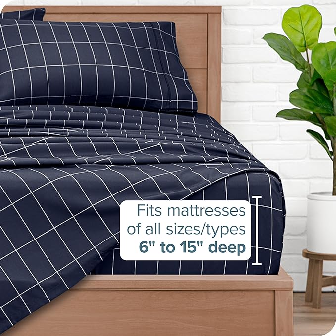 Bare Home Split King Sheet Set - 1800 Ultra-Soft Microfiber Double Brushed - Deep Pockets - Easy Fit - 5 Piece Set - Bed & Pillowcases (Split King, Grid - Midnight/White)