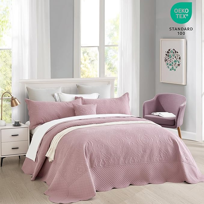 HZ & HY Oversized King Bedspread 138x122 Extra Wide, Ultrasonic Coverlet Bedding Set, Lightweight Thin Comforter, Reversible, 5 Piece, 100% Microfiber, California/Alaskan King, Mauve Shadows