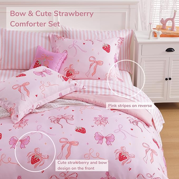 Twin Comforter Set for Girls-5 Pieces Pink Bow Twin Bedding Sets for Kids, Ultra Soft Bed in A Bag with Sheets