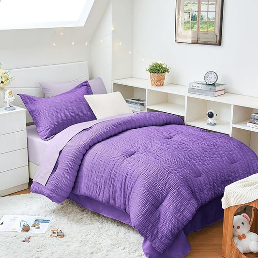 HYMOKEGE Dark Purple/Lavender Twin XL Comforter Set Seersucker 5 Pieces, All Season Luxury Bed in a Bag for Bedroom, Bedding Set with Comforter, Sheets, Pillowcase & Sham