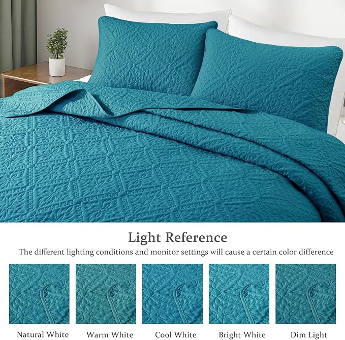 Exclusivo Mezcla King Quilt Bedding Set, Lightweight Soft Bedspreads Coverlets with 2 Pillow Shams, Modern Teal Oversized Quilts King Size for All Seasons