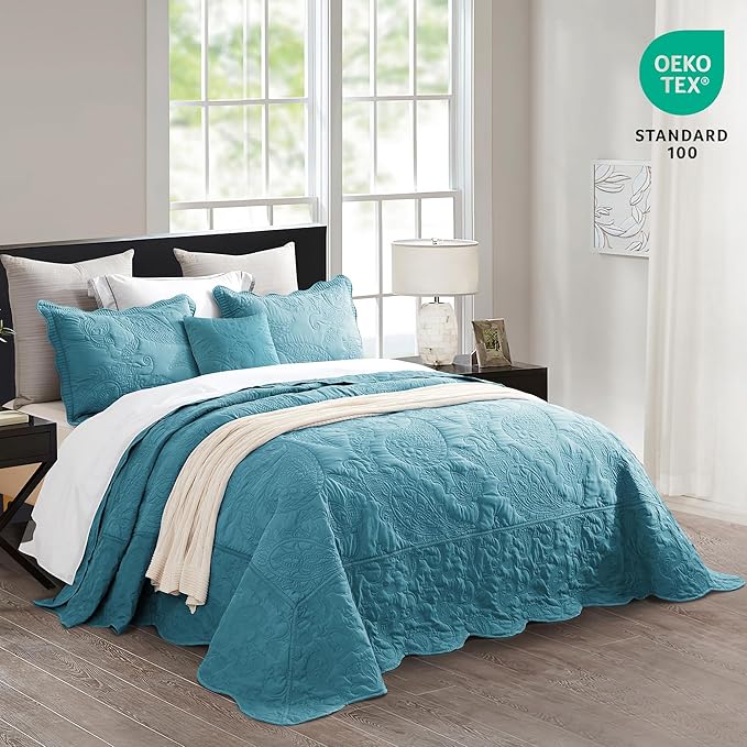 HZ & HY Oversized King Bedspread, Quilted Coverlet Bedding Set, Lightweight Thin Comforter, Reversible, Luxurious, 5 Piece, 100% Microfiber, Blue