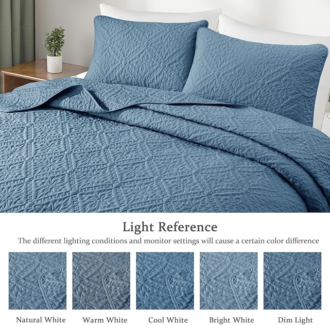 Exclusivo Mezcla Queen Quilt Bedding Set, Lightweight Soft Bedspreads Coverlets with 2 Pillow Shams, Modern Grayish Blue Quilts Queen Full Size for All Seasons