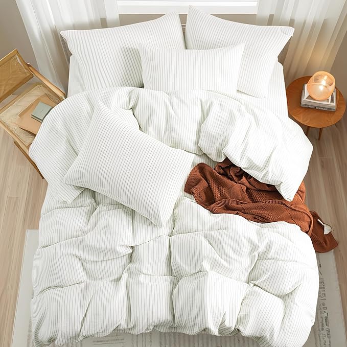 NEXHOME PRO Striped Duvet Cover Full Size,100% Washed Cotton Bedding Set,Textured Linen Feel,Breathable,Organic,3 Piece(Green Stripes 80x90)