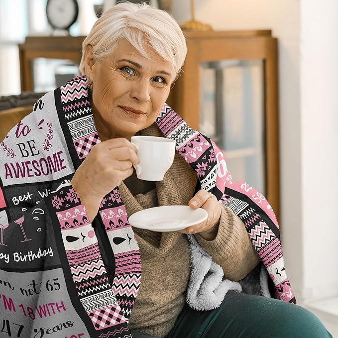65th Birthday Gifts for Women Throw Blanket 60”x50”, Happy 65th Birthday Decorations for Women, 1961 Bday Gift for 65 Year Old Woman Mom Grandma Friend