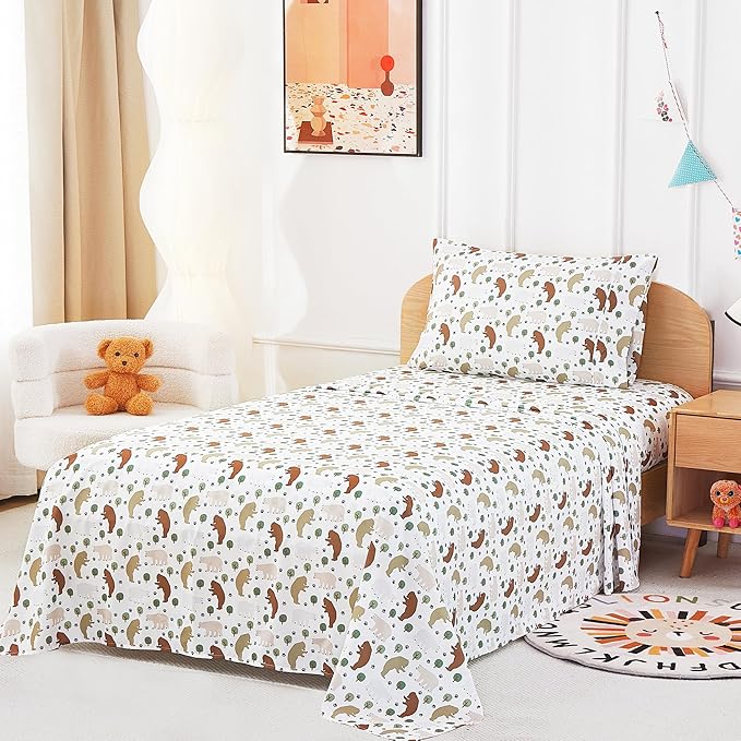 Kids Sheet Set Twin Size, Twin Sheet Set with Forest Bear Pattern，Breathable Silky Soft Microfiber Kids Fitted Sheet