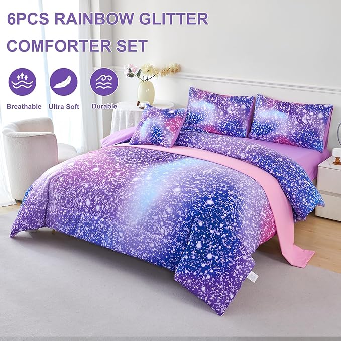 PERFEMET Girls Twin Comforter Set with Sheets 6-Piece Bed in a Bag Rainbow Fluffy Bedding Set for Girls Kids 3D Colorful Tie Dye Bedroom Bed Set (Purple Pink, Twin)