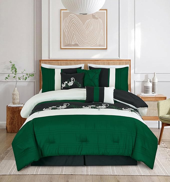 Chezmoi Collection Napa 7-Piece Luxury Leaves Scroll Embroidery Bedding Comforter Set (King, Green/Black/Cream)