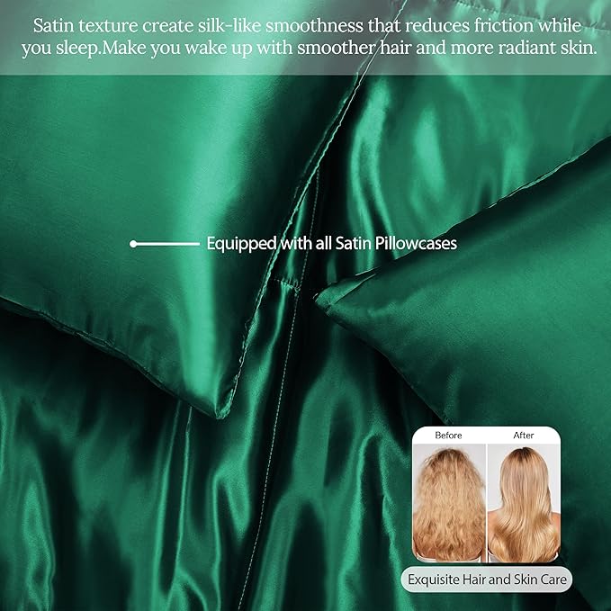 Whale Flotilla 3-Piece Reversible Silky Soft Queen Comforter Bedding Set, Luxurious Satin Comforters Full Size with 2 Satin Pillowcases, Lightweight Duvet for All Seasons, Deep Green