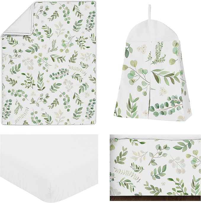 Sweet Jojo Designs Floral Leaf Baby Girl Nursery Crib Bedding Set - 4 Pieces - Green and White Boho Watercolor Botanical Woodland Tropical Garden