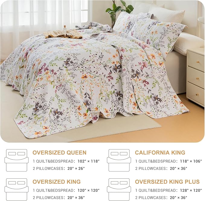 QSH 100% Cotton Oversized King Quilt Bedspread Bedding Set(128"x120"),3Pcs Extra Wide Botanical Floral Quilt Yellow Wild Flower Printed Coverlet Soft Lightweight Bedding Set Oversized King Plus