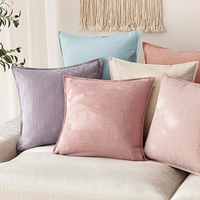 Foindtower Pack of 2, Decorative Linen Soild Throw Pillow Covers Soft Accent Cushion Euro Case Boho Farmhouse Pillowcase for Chair Couch Sofa Bedroom Living Room Home Decor 26 x 26 Inch Rose Pink
