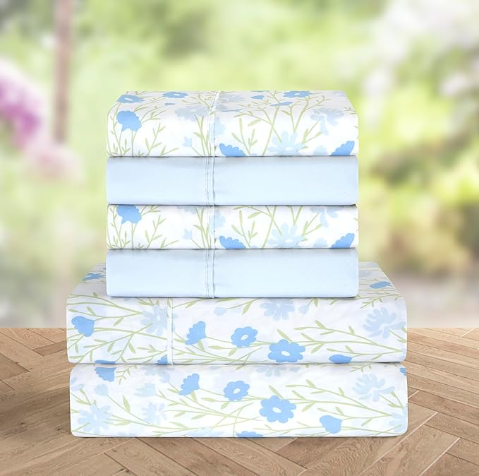 Elegant Comfort Softest and Coziest 4-Piece Sheet Set - 1500 Premium Hotel Quality Microfiber - Deep Pocket, Wrinkle Resistant 4-Piece Floral Bed Sheet Set, Twin XL, Laurel Blue