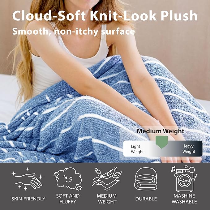 DEZ FURNISHINGS Oversized Cozy Knit Look Cloud-Soft Plush Printed Fleece Throw Blanket, Lightweight & Breathable, Queen (90" x 90"), Persian Blue Stripe