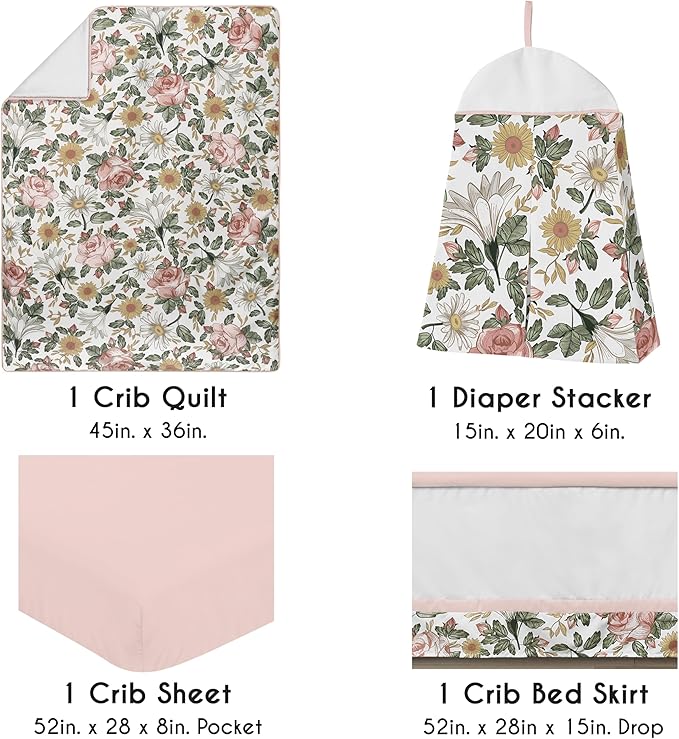Sweet Jojo Designs 4-Piece Baby Crib Bedding Set (Boho Vintage Floral) for Girls, Infants/Nursery incl. Blanket, Fitted Sheet, Skirt, Diaper Stacker (Shabby Chic, Rose, Daisy, Bohemian, Farmhouse)