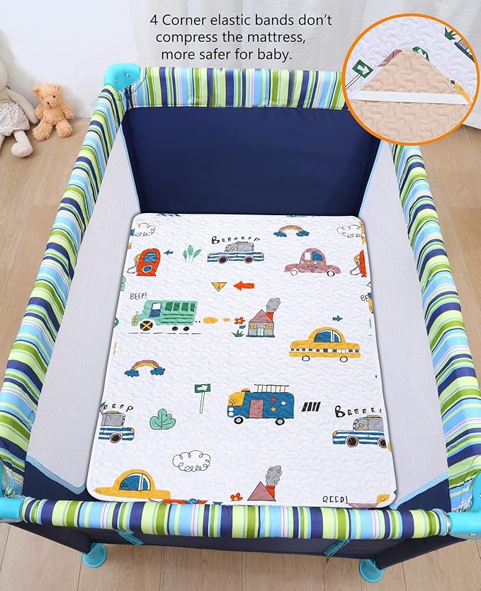 Padded Pack n Play Sheets Breathable Thick Pack and Play Mattress Protector, Quilted 38x26” Playard Sheet Fitted for Graco, Portable Mini Cribs and Foldable Mattress Pad, Soft Playpen Mattresses Cover