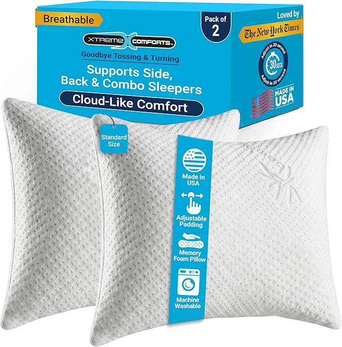 Xtreme Comforts Bed Pillows for Sleeping (2 Pack) | Adjustable Shredded Memory Foam Pillows with Removable Cooling Cover | Fluffy Pillows Support for Side, Back & Stomach Sleepers - Standard Size