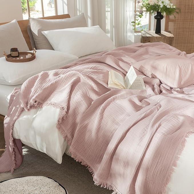 MooMee Muslin Blanket - 100% Cotton 4-Layer Gauze Throw Blanket with Tassels Ultra-Soft Breathable Lightweight Cooling for Bed Couch (Greyish Pink, Queen 90" x 90")