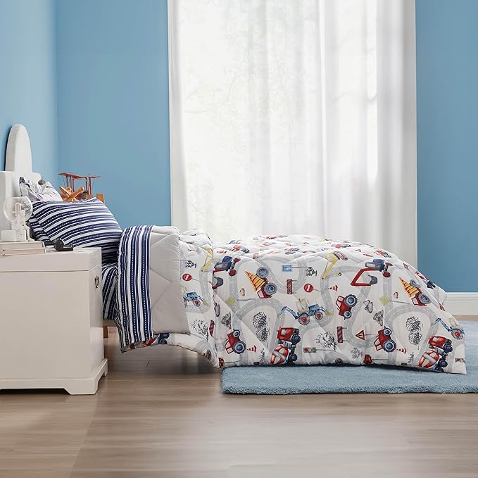Truck Twin Comforter Set for Boys, 5 Pieces Kids Bedroom Bedding Set with Sheets and Pillowcase, Super Soft Lightweight for All Seasons, Car, Machine Washable