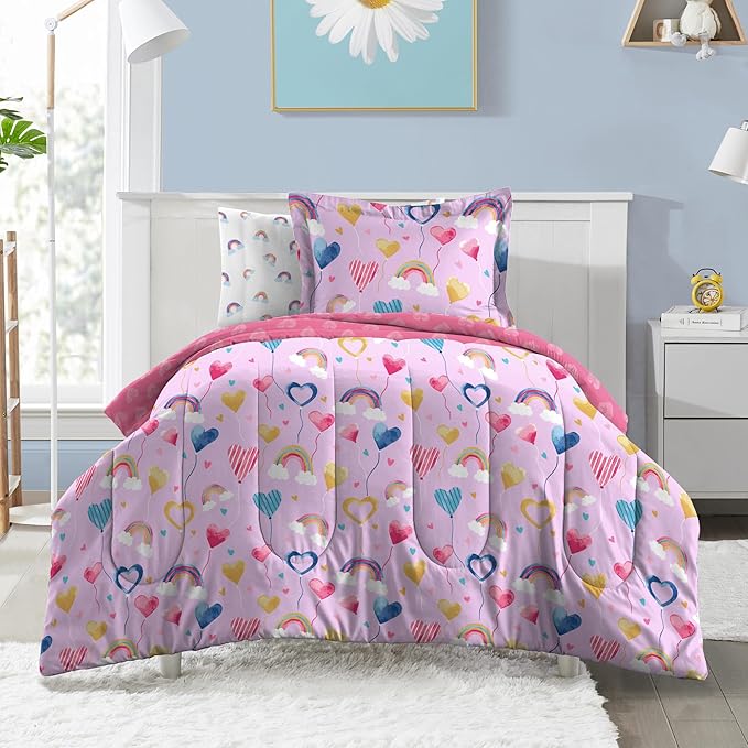 Dream Factory Kids 7-Piece Complete Bed Set Easy-Wash Super Soft Microfiber Comforter Bedding, Full, Lilac Balloon Hearts