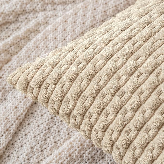 MIULEE Pack of 2 Decorative Throw Pillow Covers 20x20 Inch Soft Boho Striped Textured Corduroy Pillow Covers Modern Farmhouse Home Decor for Couch Bed Sofa Living Room Beige