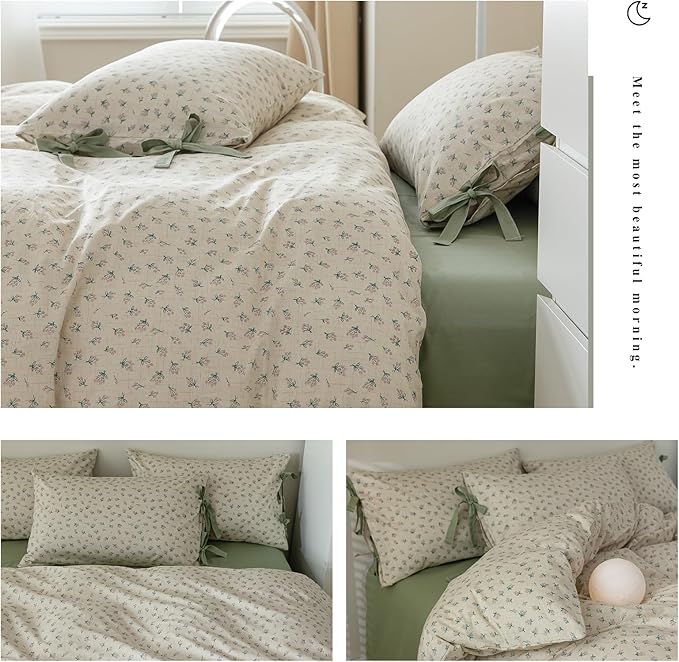 HighBuy Soft Cotton Duvet Cover Full Girl Floral Coquette Bedding Boho Duvet Cover Full with 2 Bowknot Bow Tie Pillowcases,Fresh Garden Floral Comforter Cover Coquette 3 Piece Bedding Set