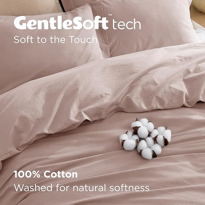 Bedsure 100% Washed Cotton Duvet Cover Twin Size - Petal Pink Minimalist Cotton Duvet Cover Linen Like for All Seasons - GentleSoft™ Plain Simple Bedding (Petal Pink, Twin, 68"x90")