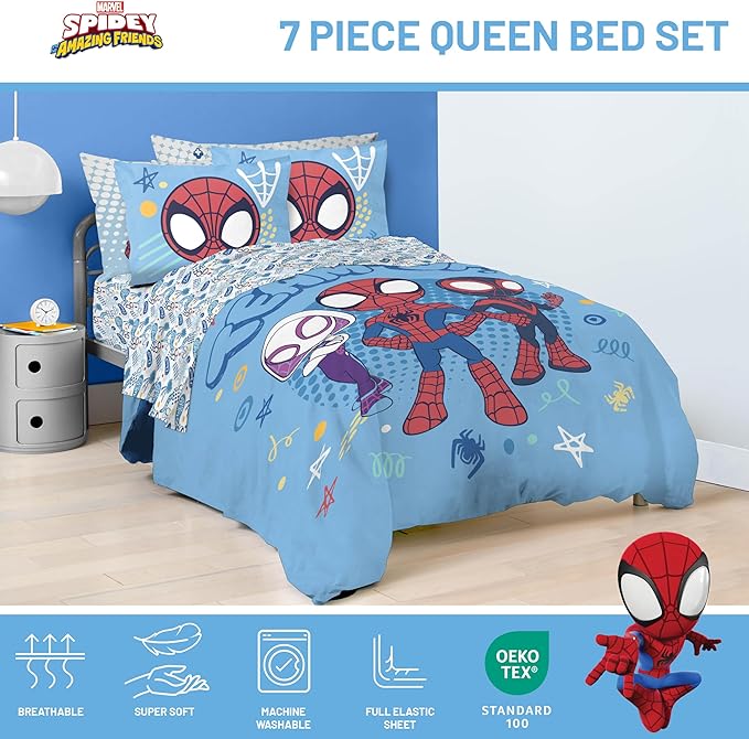 Jay Franco Kids Comforter Set Includes Sheets and Pillow Covers - Soft and Cozy Bed Set for Stylish Room Decor, Light Blue - Spidey & His Amazing Friends, 7 Piece Queen Bedding