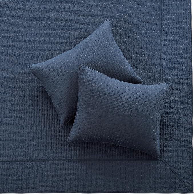 Levtex Home Cross Stitch Reversible Twin Bedspread Set (84x104in) with 1 Pillow Sham (26x20in) - Stitch Texture - Navy - Cotton Twin Size Bedspread Set - Lightweight, Soft, Pre-Washed