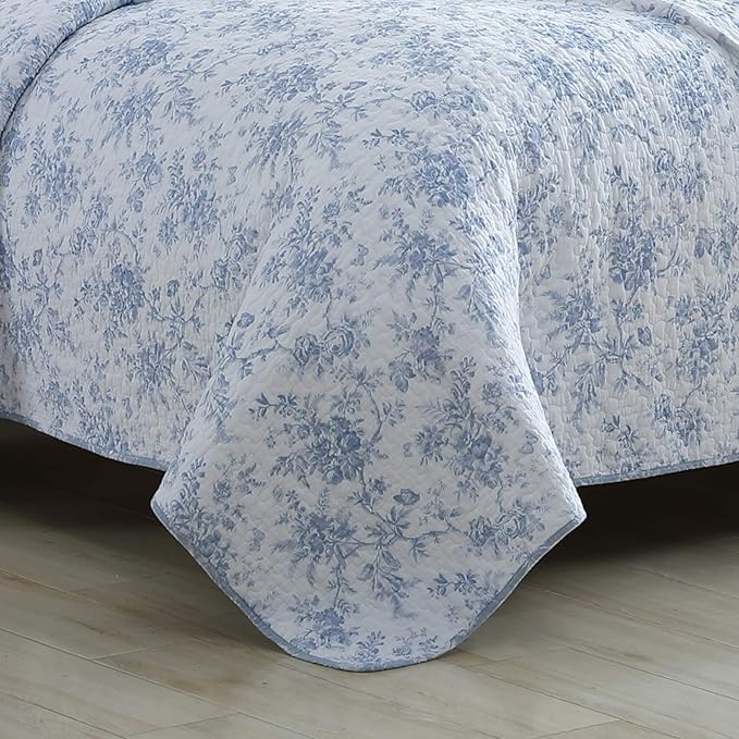 Laura Ashley - King Quilt Set, Soft & Reversible Cotton Floral Bedding with a Medium Weight Feel, 3 Piece Bed Set with Matching Pillowcases (Walled Garden Blue)