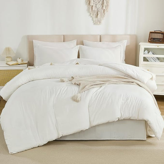 Litanika California King Comforter Set Ivory - 7 Pieces Bed in a Bag Cal King Bedding Comforter Sets, Plain Lightweight Bed Set with Comforter, Sheets, Pillowcases & Shams