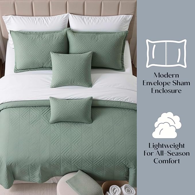 Hearth & Harbor King Quilt Set – All-Season Lightweight Bedspread & Coverlet with Pinsonic Weave - 7 Piece King Quilt Set with Pillow Shams, Sage Green - King Diamond