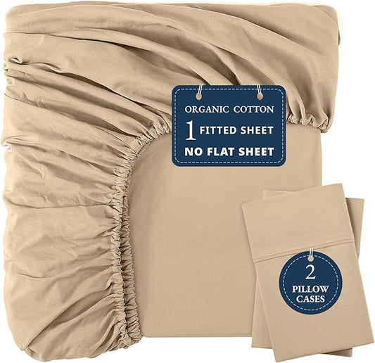 LANE LINEN Queen Fitted Sheet & 2 Pillowcases, 100% Organic Cotton, Percale Weave, Soft & Breathable, Fits Mattress Up to 15" Deep - Linen (No Flat Sheet)