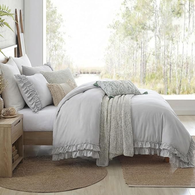 Bedorm Gray Duvet Cover Set Twin Ruffle Bedding Set Pleat Ruffled Shabby Chic Comforter Cover Extra Soft & Easy Care Gray Boho Duvet Cover with Zipper Closure