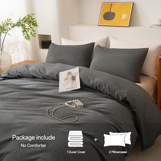 ECOCOTT 100% Washed Cotton Duvet Cover Super Queen Size – Soft & Breathable Linen Feel Bedding Set, 3 Pieces Grey Comforter Cover with Zipper Closure for All Seasons