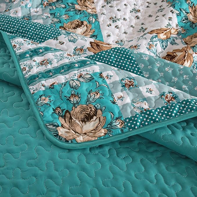 Anibedding Teal Quilt Set Queen Size Patchwork Floral Bedspread Coverlet, Soft Microfiber Farmhouse Boho Quilted Bedding Set, Teal Plaid Rustic Bed Cover for All Season 96''x90''