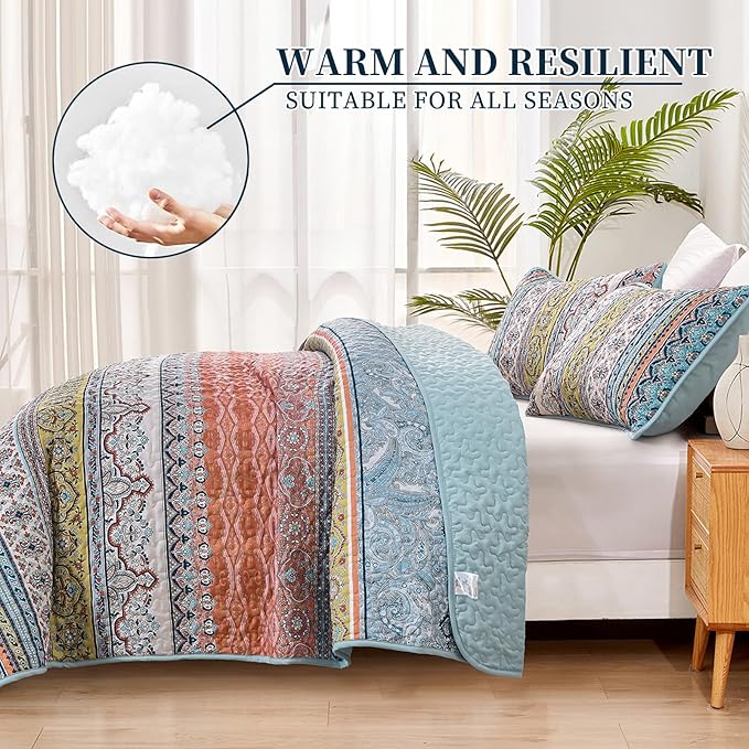 WONGS BEDDING Boho King Quilt Set, Pink and Blue Bohemian Quilt Bedding Set, Lightweight Bed Decor Bedspread for All Season Reversible Microfiber Coverlet Bedding Set 103"x90"(3 Pieces)
