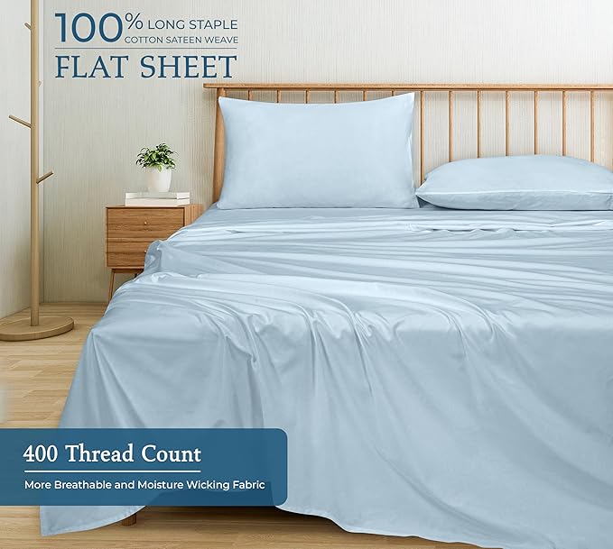 Royale linen 400 Thread Count 100% American Grown Cotton Flat Sheet - Cooling Sheets - Full Sheets - Luxury Sateen Weave - Full Flat Sheet Sold Separately - Blue Flat Sheet Only (Full, Caribbean Blue)