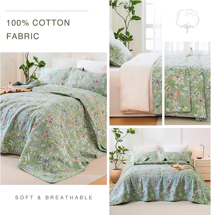 QSH 3Pcs Oversized King Bedspread Set(120"x120"),100% Cotton Green Floral Quilt Bedding Set Flower Bird Butterfly Printed Bedspread Coverlet California King Oversized Lightweight Soft Bedding Set