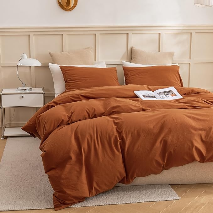 ECOCOTT Brown Duvet Cover King Size, 3 Piece 100% Washed Cotton 1 Duvet Cover with Zipper and 2 Pillowcases, Ultra Soft and Easy Care Breathable Cozy Bedding Set (Brown,King)