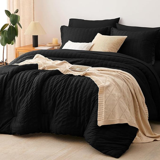 CozyLux Oversized King Comforter Set Black Seersucker 7 Pieces 120x98 Bed in a Bag Comforter Set with Sheets, Luxury Soft Bedding Sets with Down Alternative Comforter, Sheets, Pillowcases & Shams