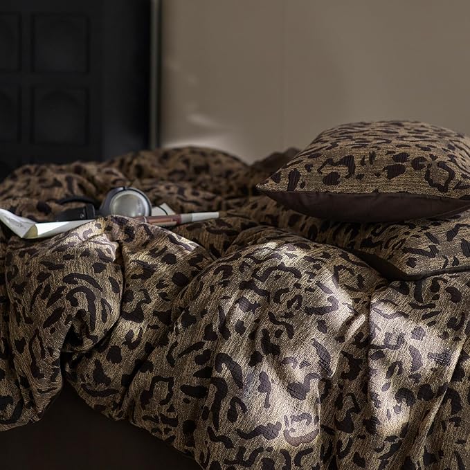 LifeTB Leopard Print Duvet Cover King Yarn-Dyed Jacquard Cotton Duvet Cover Brown Leopard Pattern Comforter Cover Farmhouse Bedding Set Animal Cheetah Printed Comforter Cover with 2 Pillowcases