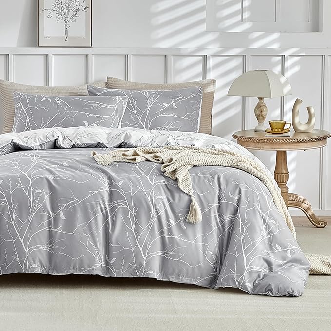 Lekesky Reversible Duvet Cover King Size, Grey White Branch Comforter Cover King 3pcs Microfiber Botanical Bedding Set with Zipper Closure Corner Ties