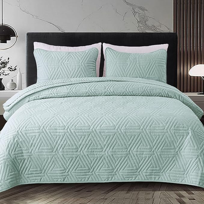 Whale Flotilla Soft Queen Size Quilt Set for All Seasons, 3-Piece Ultrasonic Geometric Quilts Bedding Set, Lightweight Reversible Bedspread, Coverlet, Bed Cover with 2 Pillow Shams, Aqua Blue