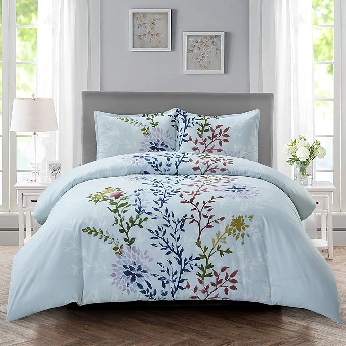 Style Quarters Dahlia Lane 3pc Duvet Cover Set - Multi-Color Floral Stems with White Leafy Silhouettes - 100% Cotton - Machine Washable - Includes 1 Duvet Cover + 2 Shams (Queen)