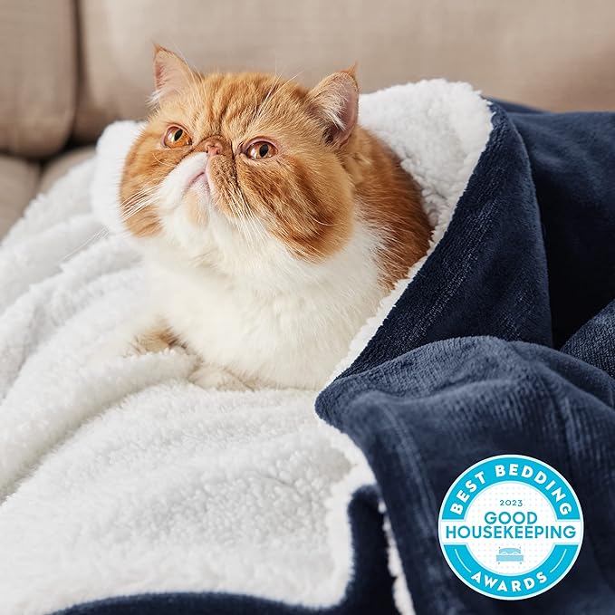 Bedsure GentleSoft Sherpa Fleece Blanket Queen Size for Bed, Non-Heated, Thick and Warm Throw for Women and Men, Soft Fuzzy Plush Queen Blanket for Winter, Navy, 90x90 Inches