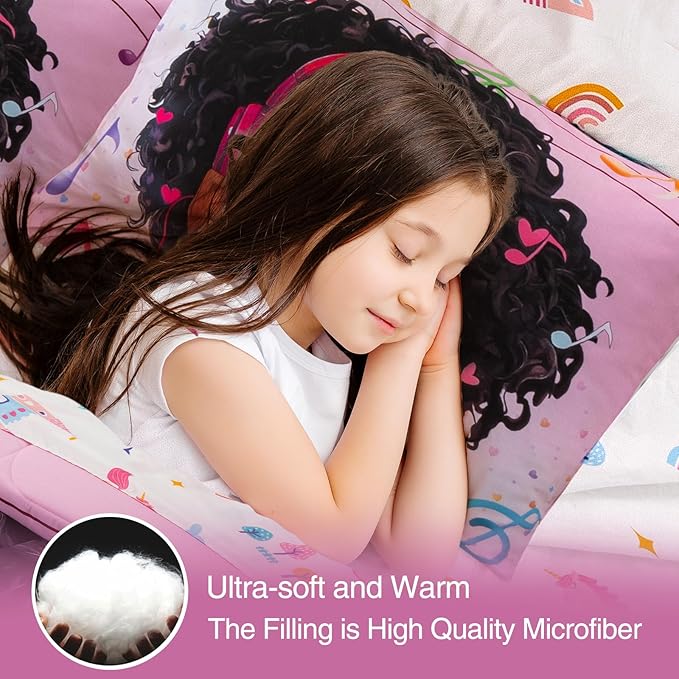 A Nice Night Pink Comforter Sets, Girl Winking Listening Music Printed, 6Pcs Bed in A Bag Twin Size All Seasons Bedding Set,for Kids, Girls