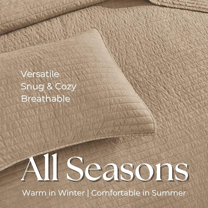 DOWN HOME Cali King Quilt Bedding Set with Shams, Vintage Washed Quilted Blanket Thin Comforter Lightweight Bedspread Coverlet Bed Cover, Brushed Microfiber Stripe Stitching, Brown, 111"x92"
