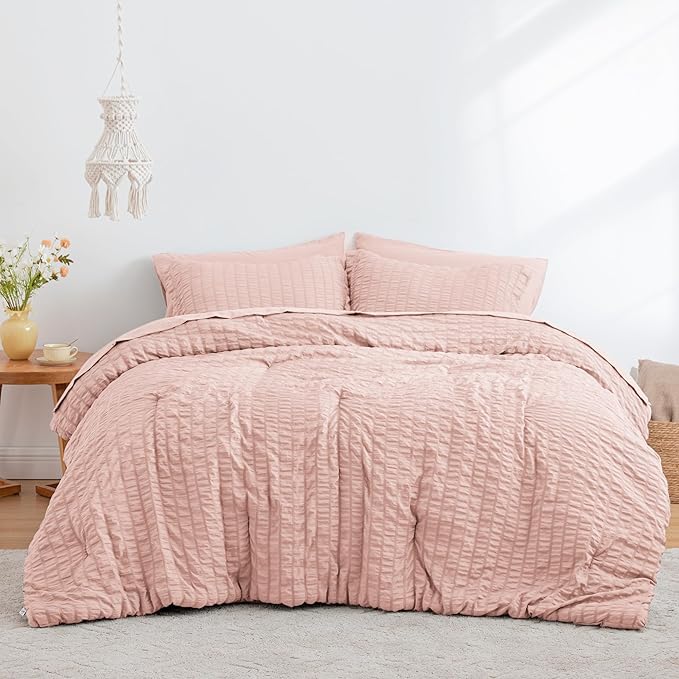 Love's cabin Seersucker Pink Twin Comforter Set, 5-Piece All Season Lightweight Bed in a Bag Bedding Set with Comforter, Flat Sheet, Fitted Sheet, Pillowcase and Sham | Soft, Breathable, Lightweight